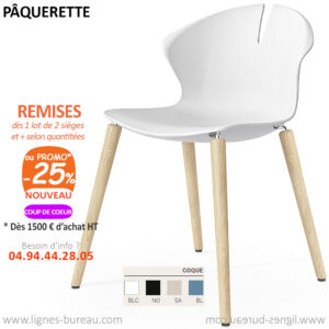 Chaise coque design nordique, polypropylène blanc, pied bois, pour réunion, Pâquerette