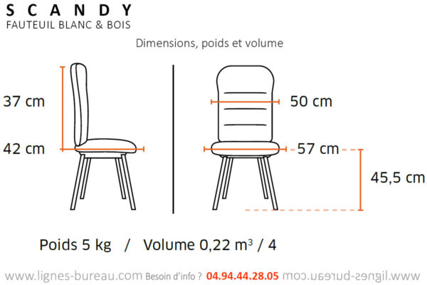 Fauteuil de réunion blanc et bois Scandy: dimensions, poids et volume