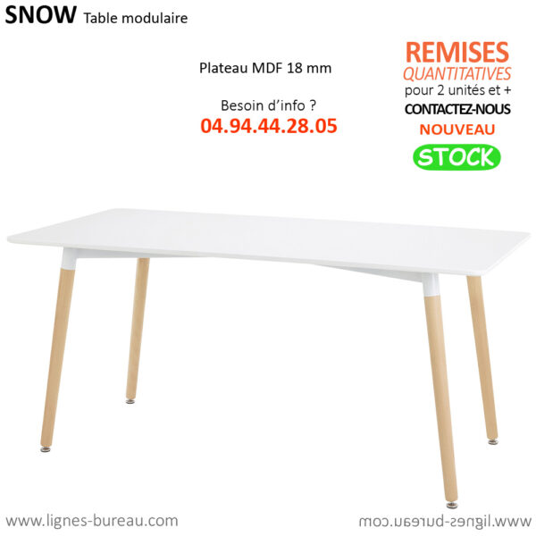 Table modulaire design de réunion, coworking, plateau blanc et pieds bois, Snow