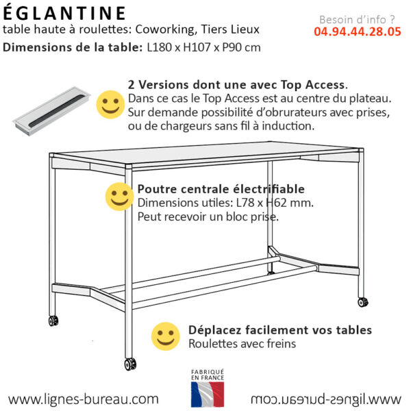 Qualités de la table haute à roulettes pour tiers lieux, Églantine