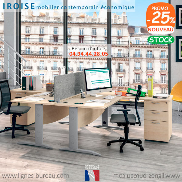 Bureau d’angle 2 personnes et rangement professionnel, Iroise, Érable et alu