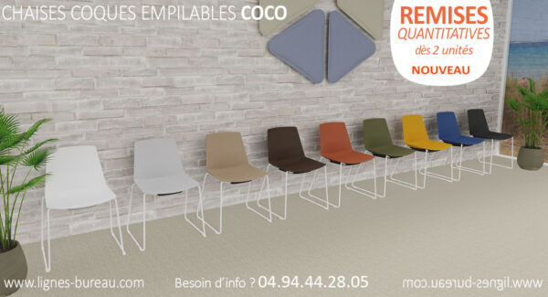 Chaises avec 9 teintes de coques design, empilables, Coco