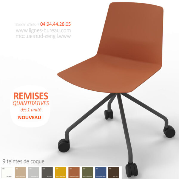 Chaise de réunion design coque orange brulé, pied gris Ombre à roulettes, Coco