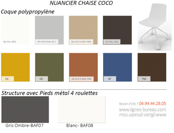 Nuancier des chaises de réunion coque à roulettes, Coco