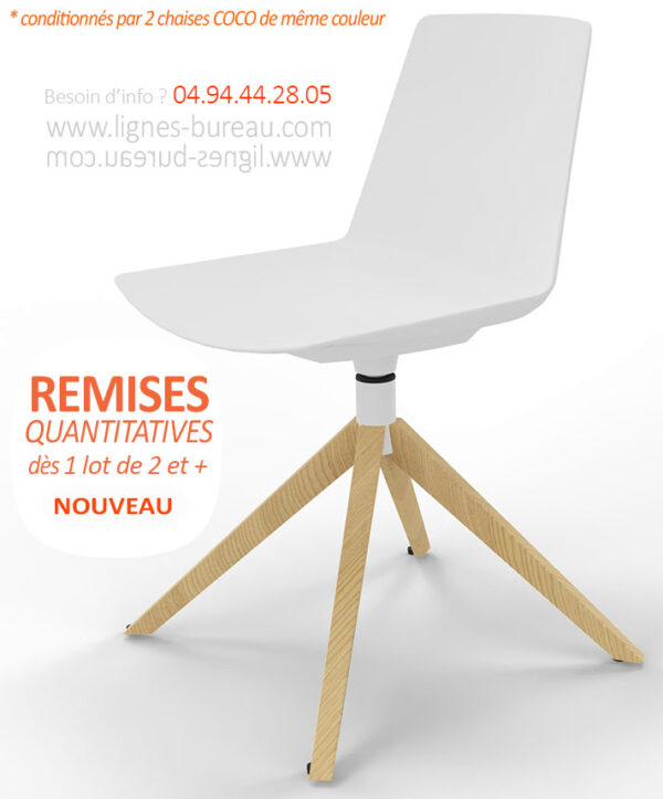 Chaise de bureau au design scandinave, coque blanche rotative, pied Chêne, COCO