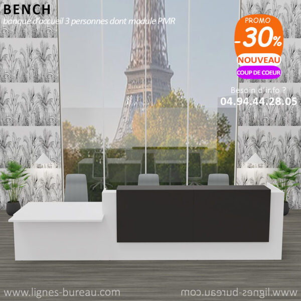 Banque d'accueil 2 comptoirs et 1 pmr blancs, top laqués Gris Ombre, Bench