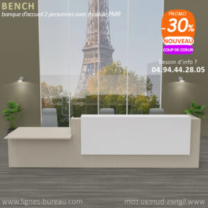 Banque d'accueil 3 postes dont pmr à droite, design moderne, chêne blanchi et blanc, Bench