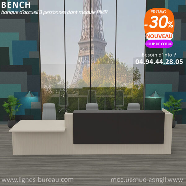 Banque d’accueil design 2 comptoirs et 1 pmr Orme blanchi, tops laqués Gris ombre, bench