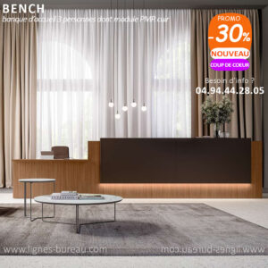 Comptoir de réception design luxueux noyer, 2 tops cuir marron et 1 pmr, Bench