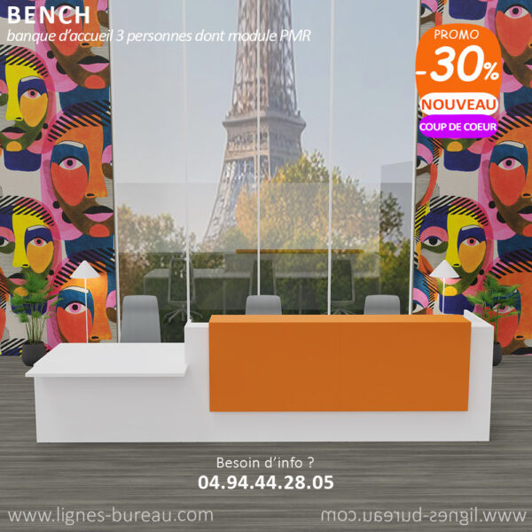 Comptoir de réception pour 3 personnes dont 1 PMR blancs tops laqués orange, Bench