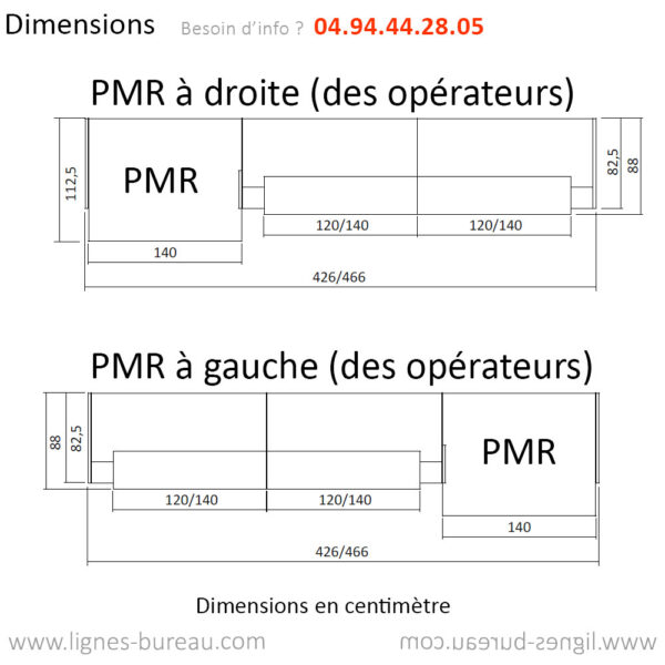 Dimensions des banques de réception à 2 comptoirs plus PMR, Bench