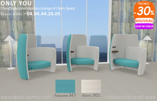 Fauteuil Chauffeuse 1 place, lounge en cuir turquoise et blanc, Only You