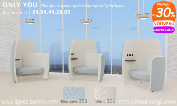 Fauteuil chauffeuse lounge design, cuir bleu pastel et blanc, Only You