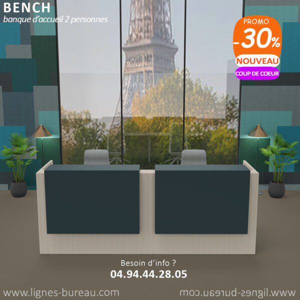 Banque d'accueil design moderne de qualité 2 personnes, Orme blanchi et Bleu océan, Bench