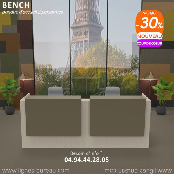 Banque d’accueil design professionnelle 2 personnes, Orme blanchi et beige gris, Bench