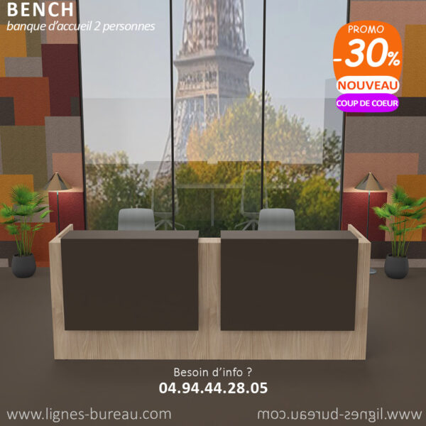 Banque d accueil moderne haut de gamme 2 places, Orme et marron foncé, Bench