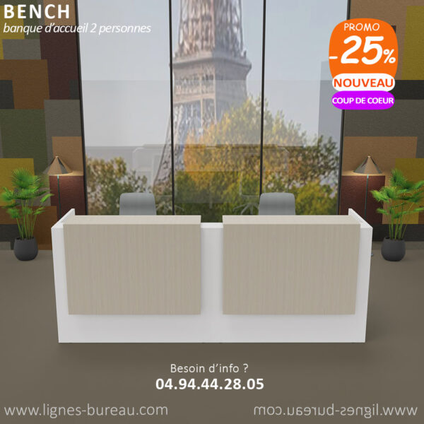 Banque d’accueil professionnelle 2 personnes design, blanche et Orme blanchi, Bench