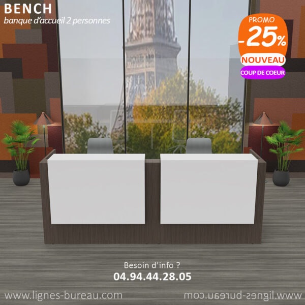 Comptoir d'accueil de bureau 2 personnes au design moderne Eucalyptus et blanc, Bench