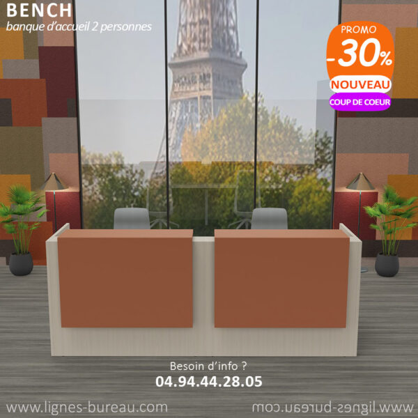 Comptoir d'accueil design contemporain 2 places, Orme blanchi et orange brulée, Bench