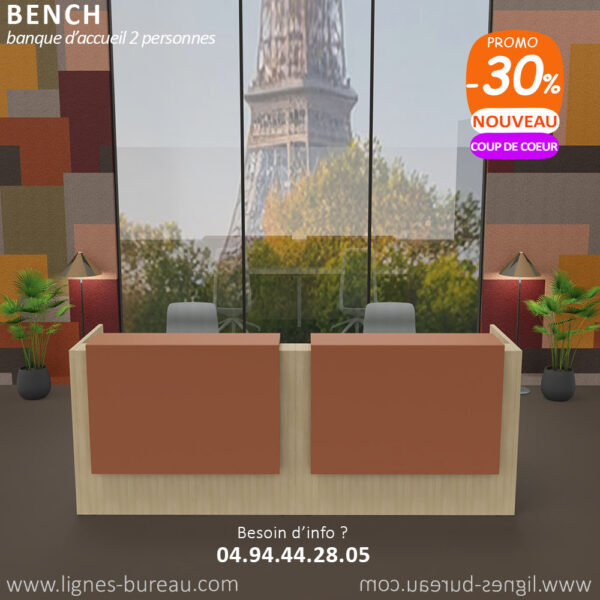 Comptoir de réception de bureau design 2 places, chêne et orange brulée, Bench