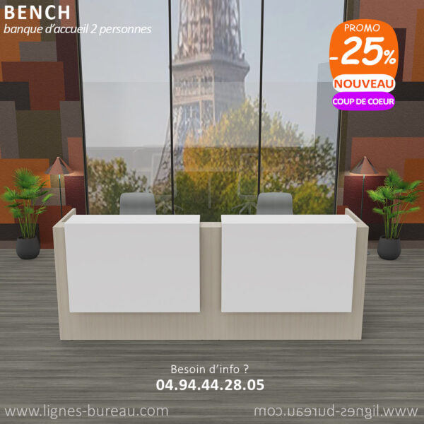 Comptoir de réception design 2 places, Orme blanchi et blanc, Bench