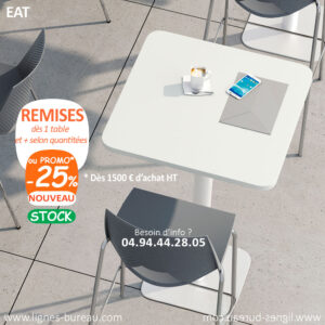 Table haute mange debout blanc carré, d’entreprise, 70x70, élégante, coins arrondis, Eat