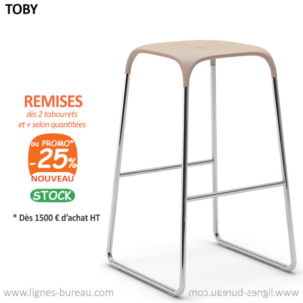 Tabouret de bureau haut professionnel, assise Sable, pied chromé, Toby