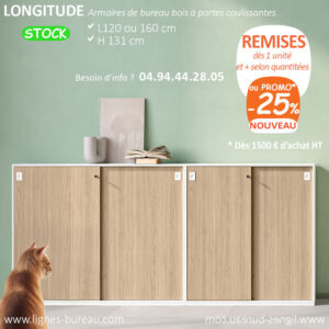 Armoire de bureau portes coulissantes en bois mi haute, Longitude, Orme et blanche