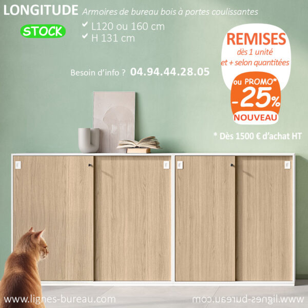 Armoire de bureau portes coulissantes en bois mi haute, Longitude, Orme et blanche