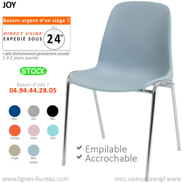 Chaise coque plastique empilable, accrochable, bleu pastel, Joy