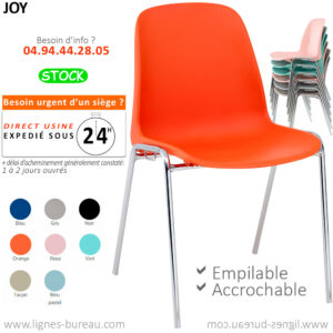 Chaise coque plastique pas chère orange, empilable, accrochable, Joy