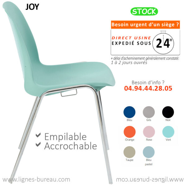 Chaise coque polypropylène verte, empilable, accrochable, Joy