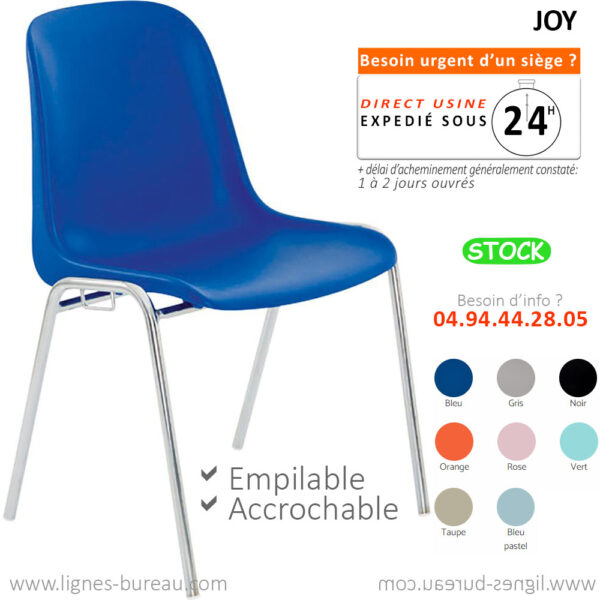 Siège pas cher, coque plastique bleu, empilable, accrochable, Joy