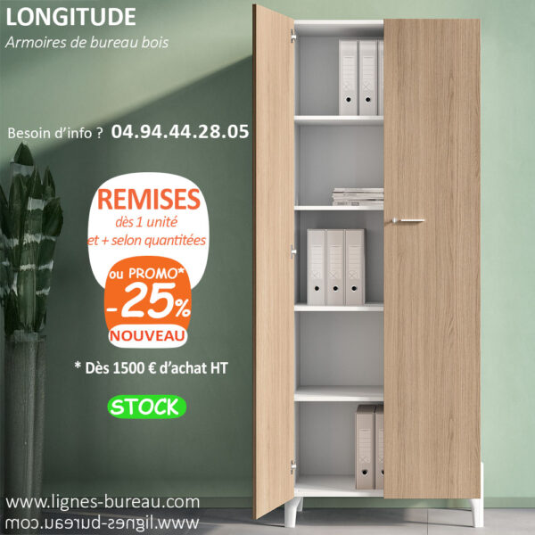 Armoire de bureau professionnelle haute, Chêne et blanc, Longitude