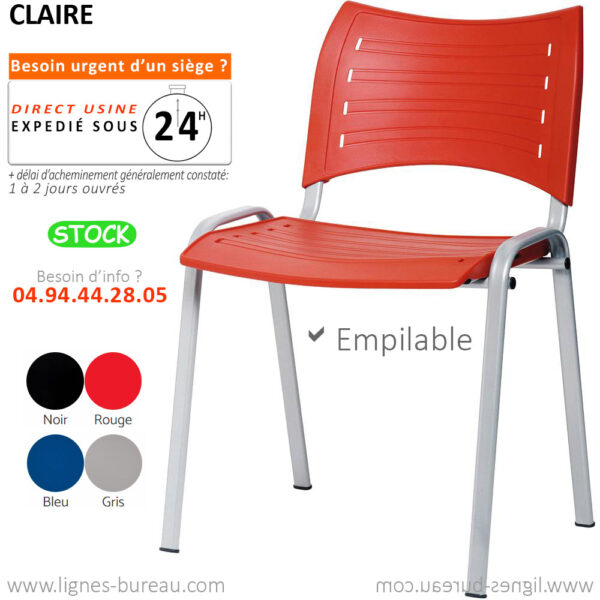 Chaise empilable collectivité, accueil, réunion, plastique rouge, pieds alu, Claire