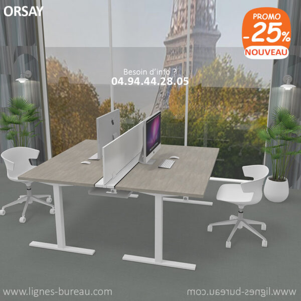 Double bureau professionnel droit Béton et blanc avec écran, Orsay