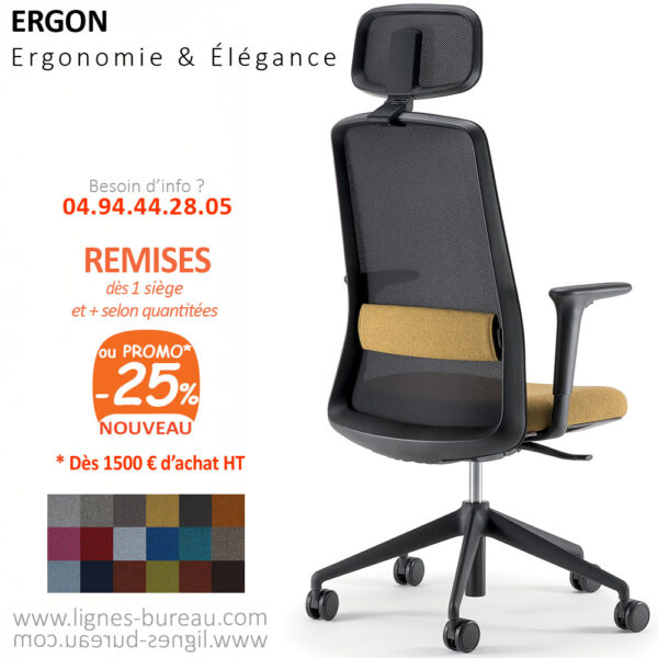 Fauteuil de bureau ergonomique professionnel avec têtière, Ergon, noir et jaune